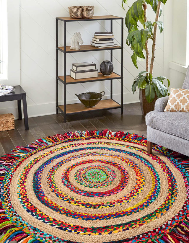 Multicolor 10' x 10' Chindi Jute Round Rug