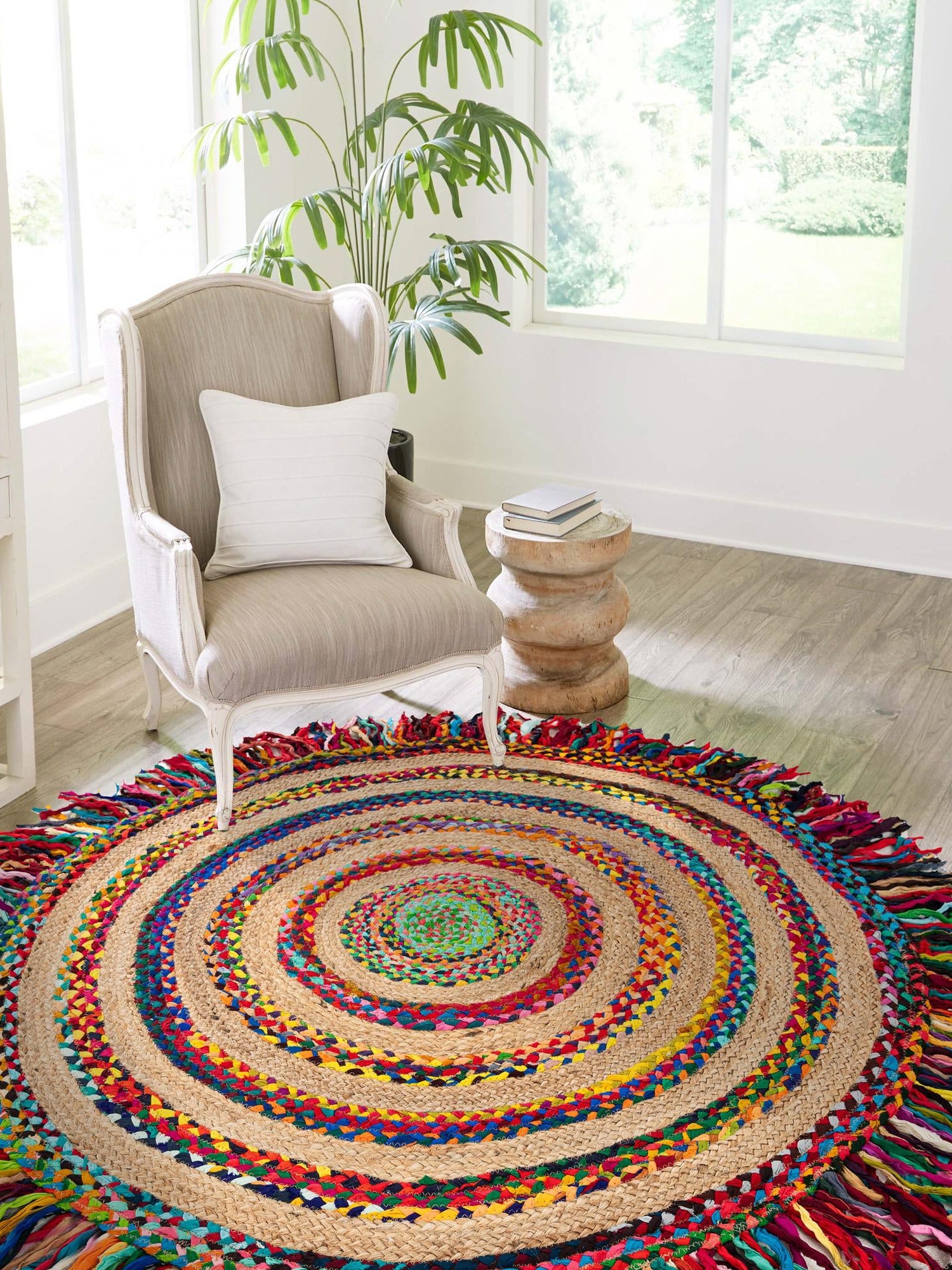 Multicolor 10' x 10' Chindi Jute Round Area Rug Interior Design Home Decor Carpet Mat for Sale at Rug Engine