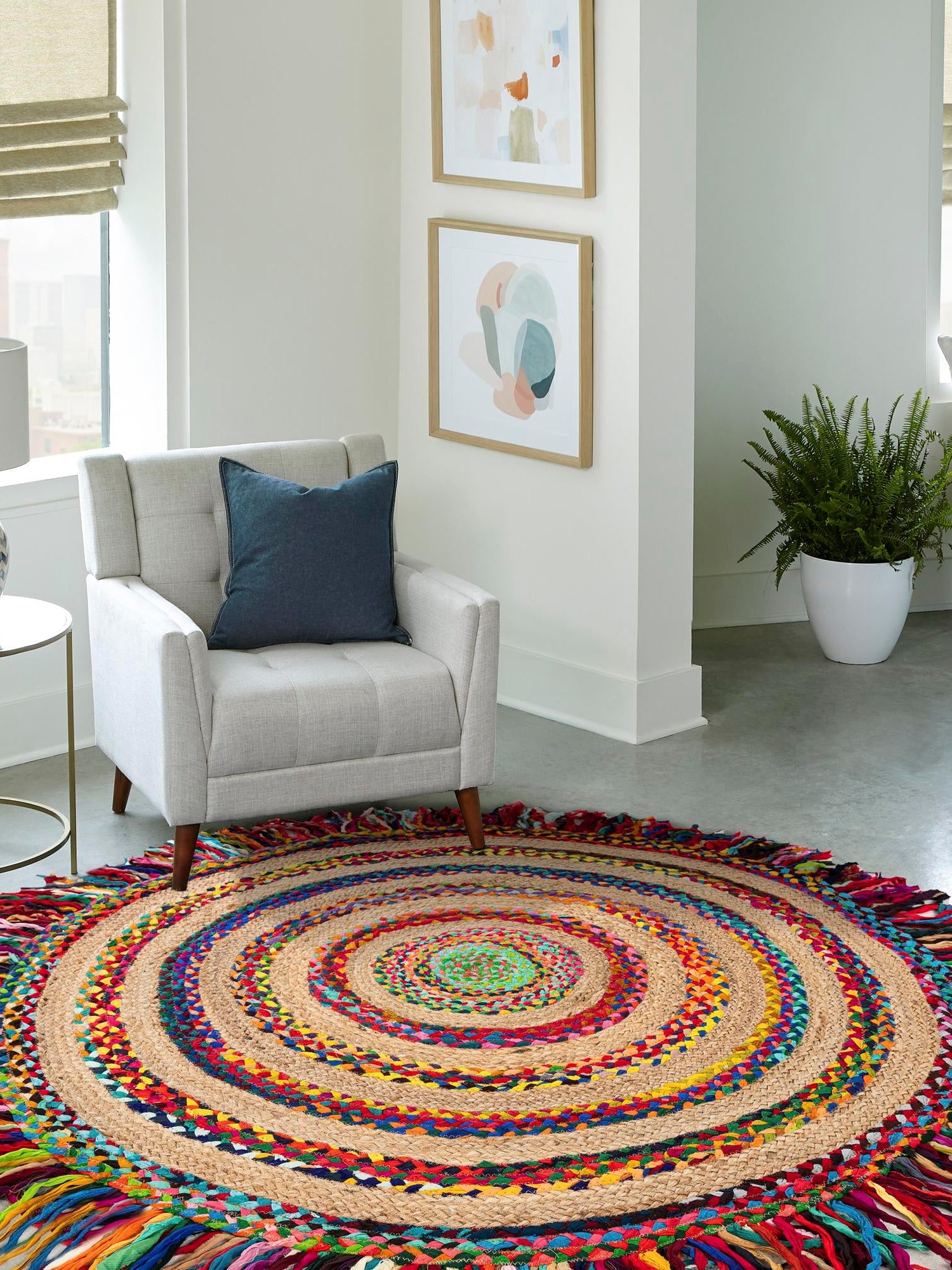 Multicolor 2' x 2' Chindi Jute Round Area Rug Interior Design Home Decor Carpet Mat for Sale at Rug Engine