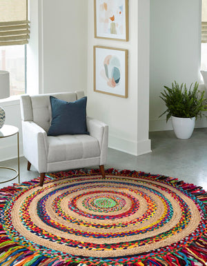 Multicolor 10' x 10' Chindi Jute Round Rug