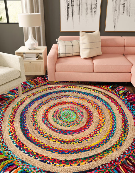 Multicolor 4' 1 x 4' 1 Chindi Jute Round Area Rug Interior Design Home Decor Carpet Mat for Sale at Rug Engine