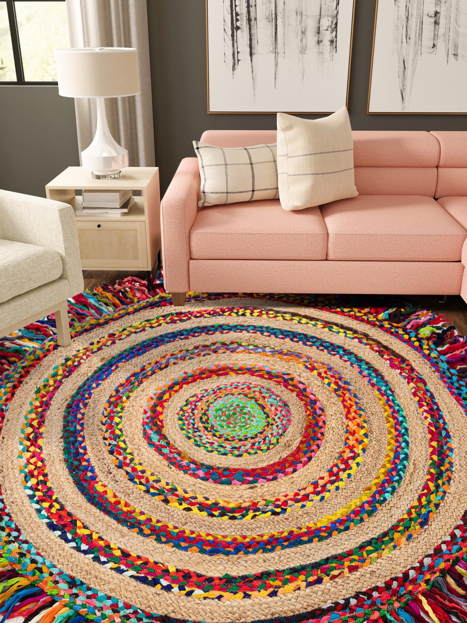 Multicolor 6' 1 x 6' 1 Chindi Jute Round Area Rug Interior Design Home Decor Carpet Mat for Sale at Rug Engine