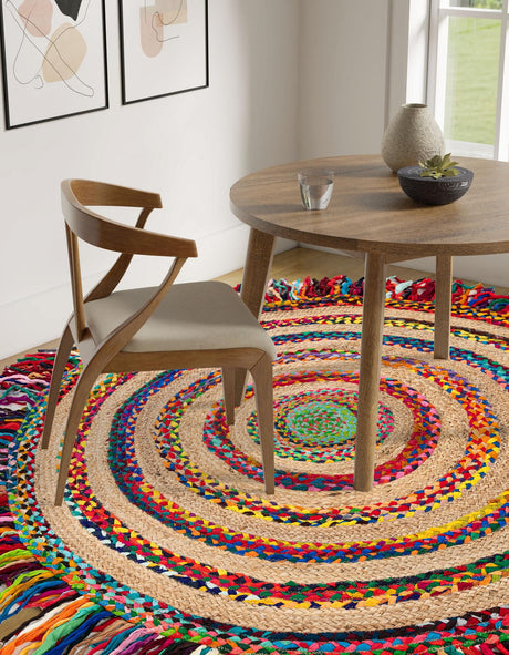 Multicolor 4' 1 x 4' 1 Chindi Jute Round Area Rug Interior Design Home Decor Carpet Mat for Sale at Rug Engine