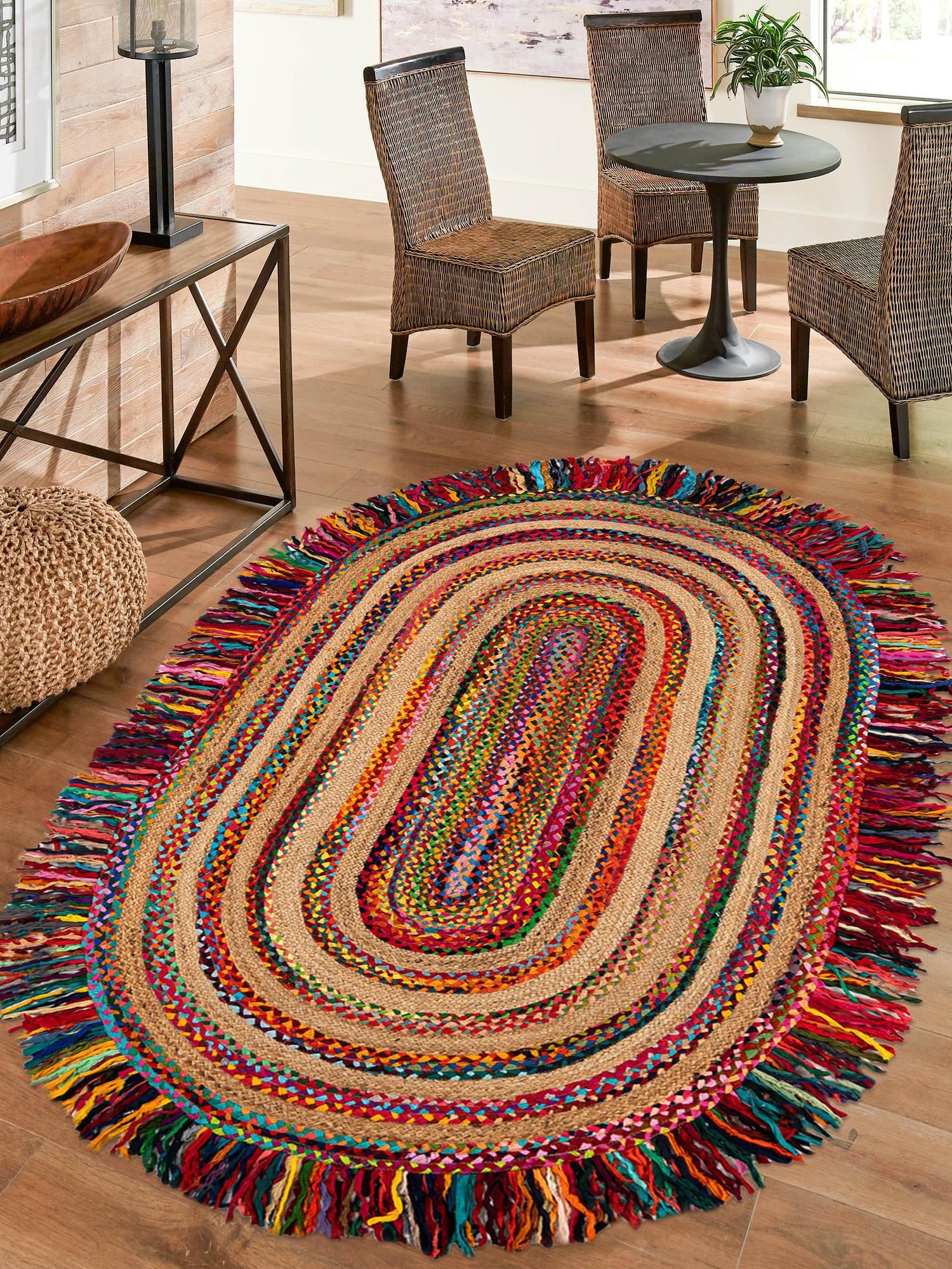 Multicolor 4' 1 x 6' 1 Chindi Jute Oval Area Rug Interior Design Home Decor Carpet Mat for Sale at Rug Engine