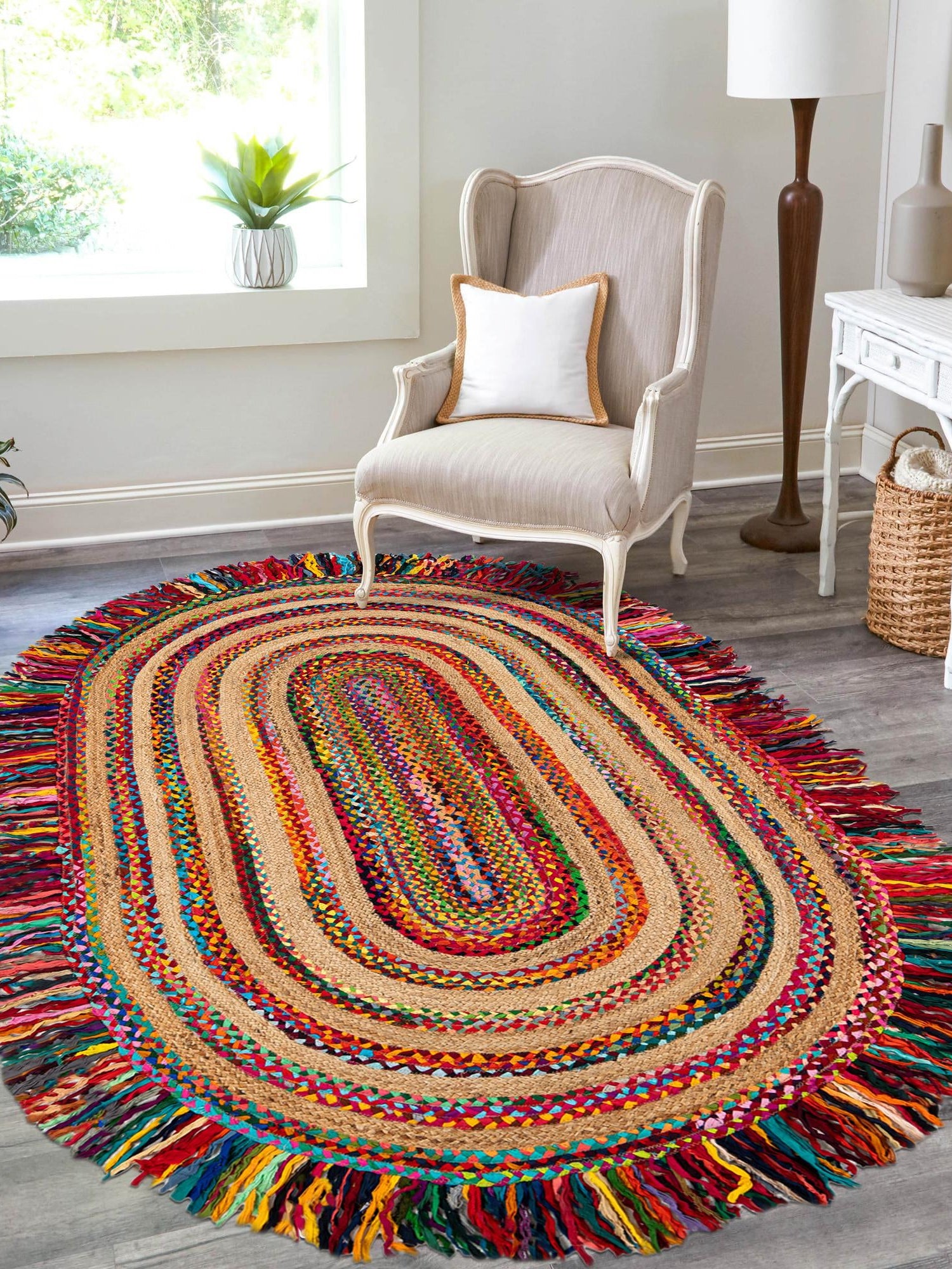 Multicolor 4' 1 x 6' 1 Chindi Jute Oval Area Rug Interior Design Home Decor Carpet Mat for Sale at Rug Engine