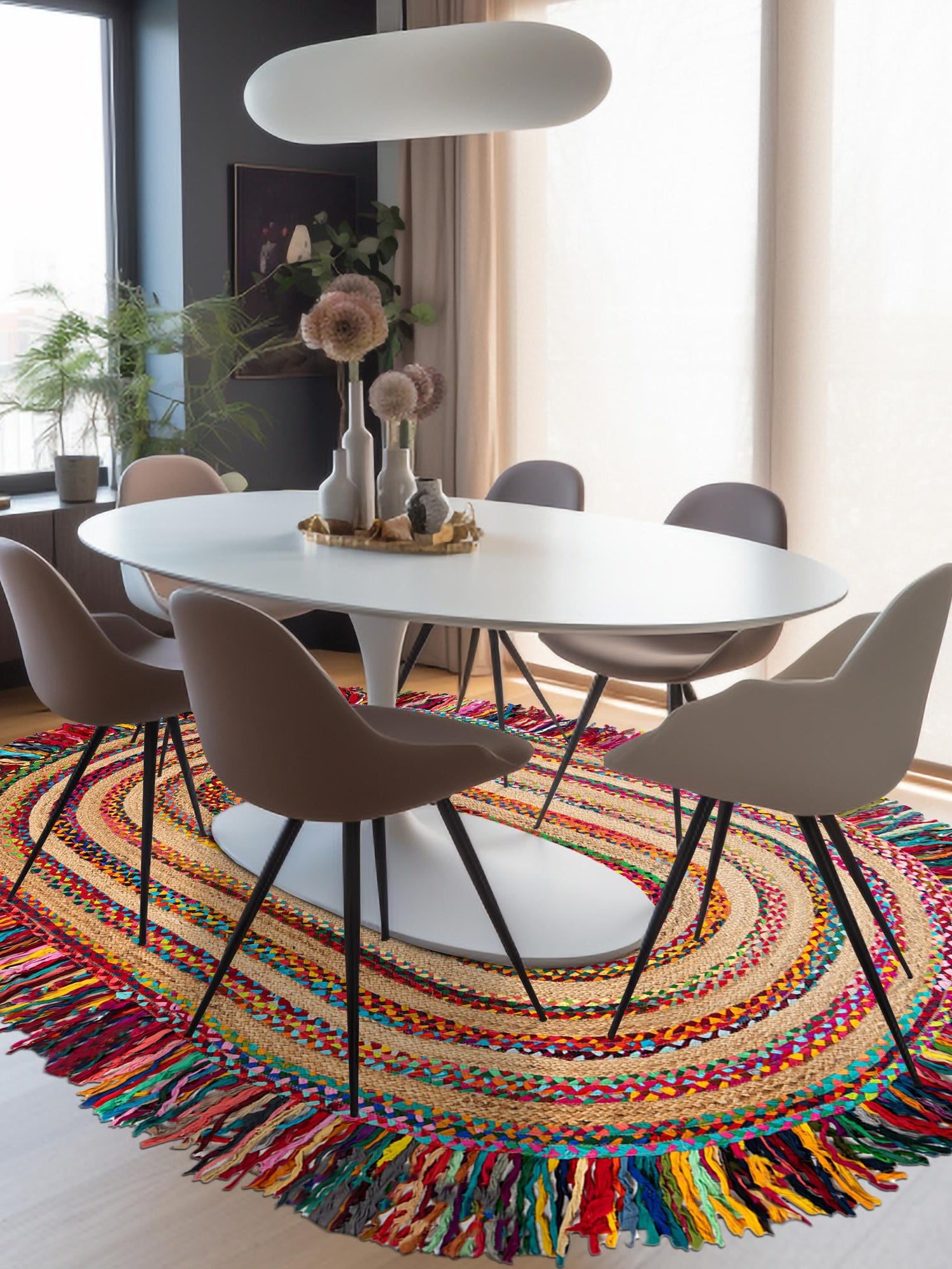 Multicolor 7' 10 x 10' Chindi Jute Oval Area Rug Interior Design Home Decor Carpet Mat for Sale at Rug Engine