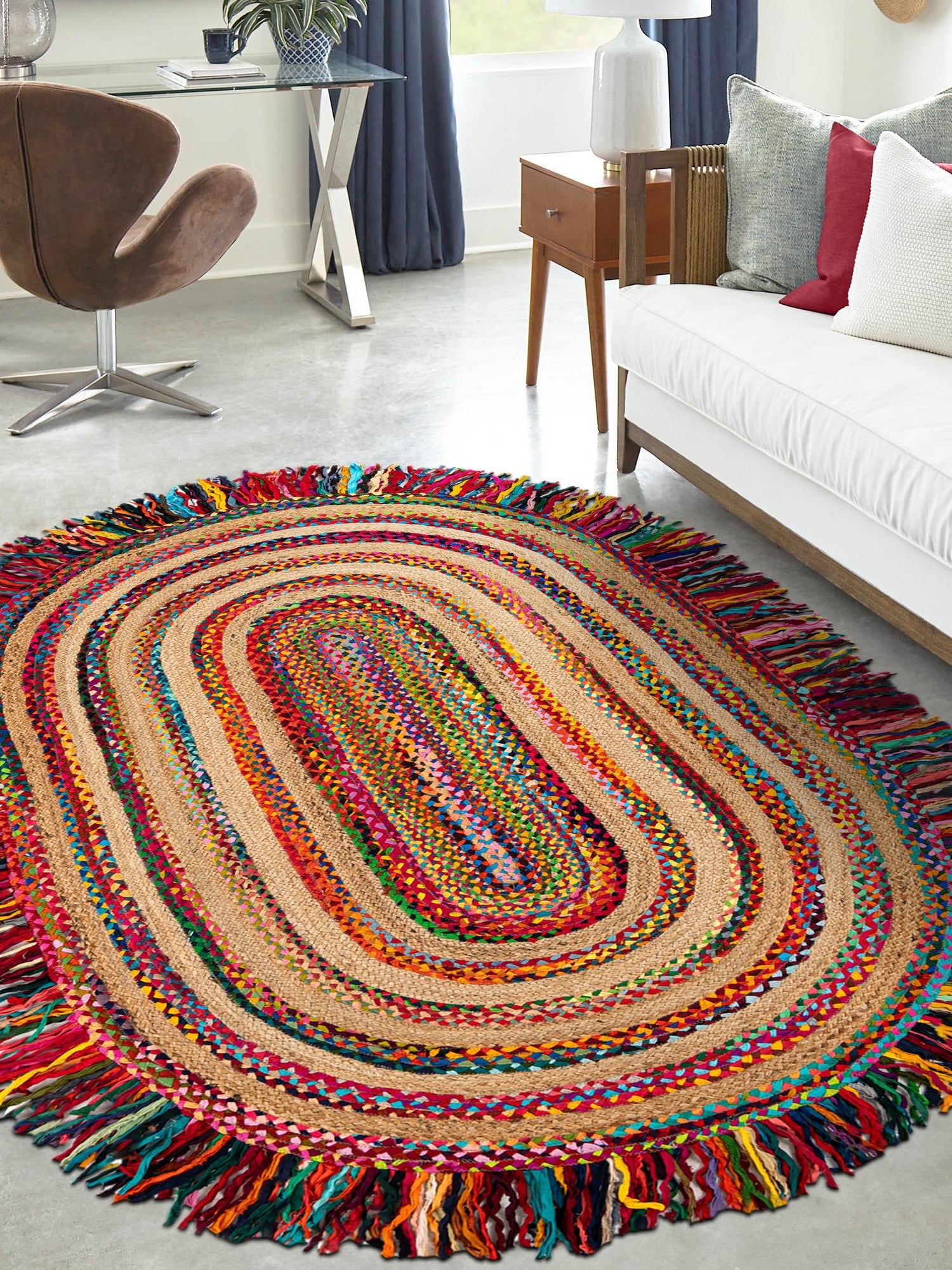 Multicolor 7' 10 x 10' Chindi Jute Oval Area Rug Interior Design Home Decor Carpet Mat for Sale at Rug Engine
