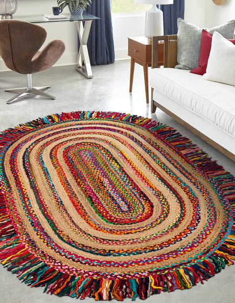 Multicolor 7' 10 x 10' Chindi Jute Oval Area Rug Interior Design Home Decor Carpet Mat for Sale at Rug Engine