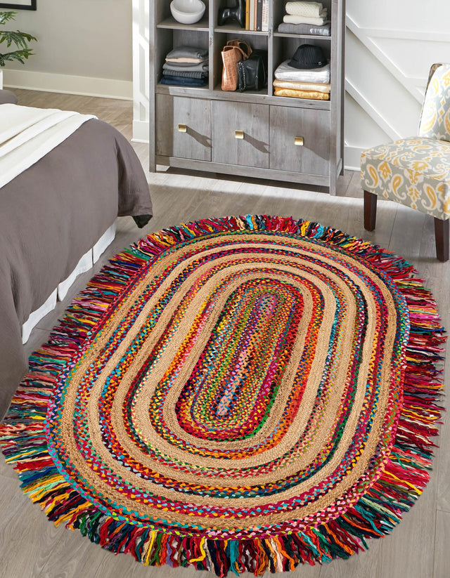 Multicolor 8' x 10' Chindi Jute Oval Rug
