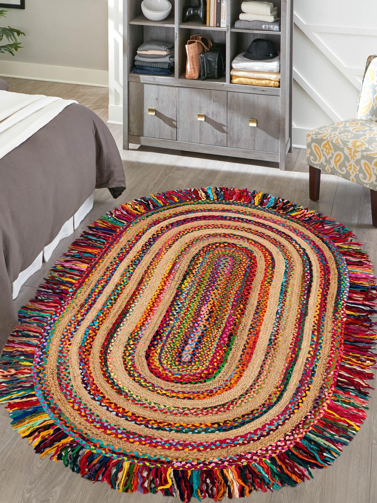 Multicolor 4' 1 x 6' 1 Chindi Jute Oval Area Rug Interior Design Home Decor Carpet Mat for Sale at Rug Engine