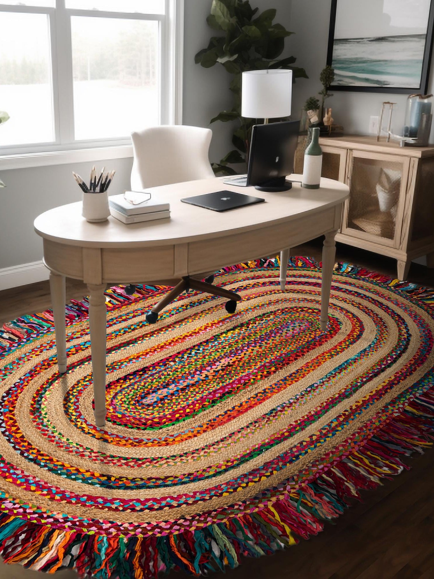 Multicolor 7' 10 x 10' Chindi Jute Oval Area Rug Interior Design Home Decor Carpet Mat for Sale at Rug Engine