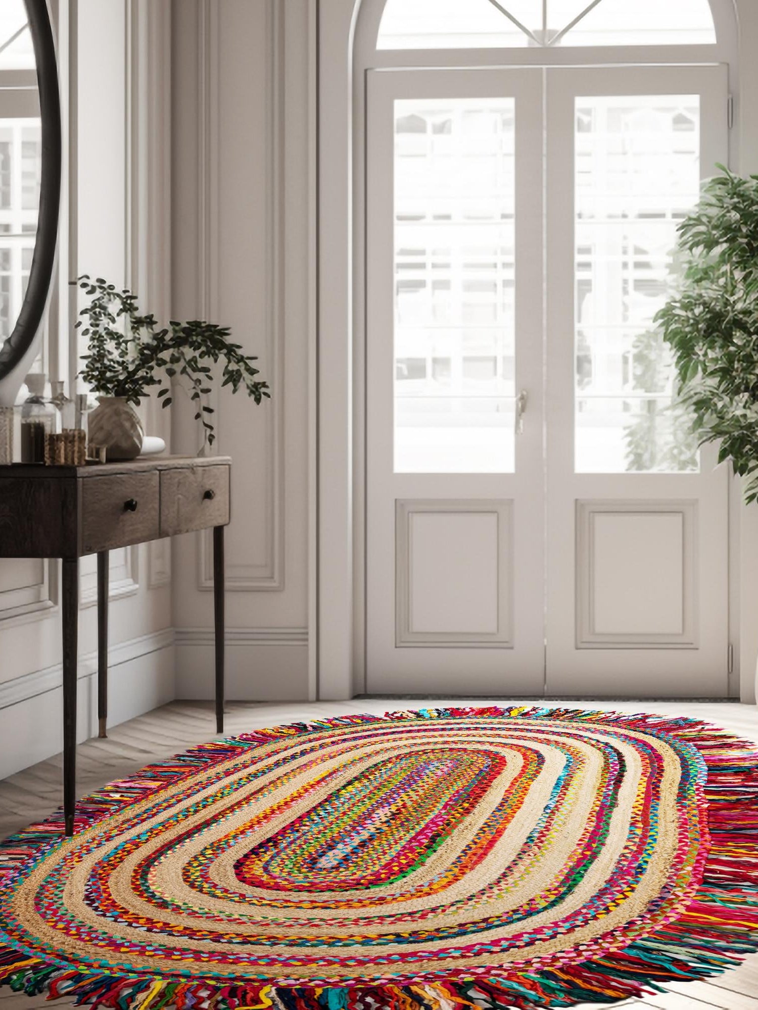 Multicolor 5' 1 x 8' Chindi Jute Oval Area Rug Interior Design Home Decor Carpet Mat for Sale at Rug Engine