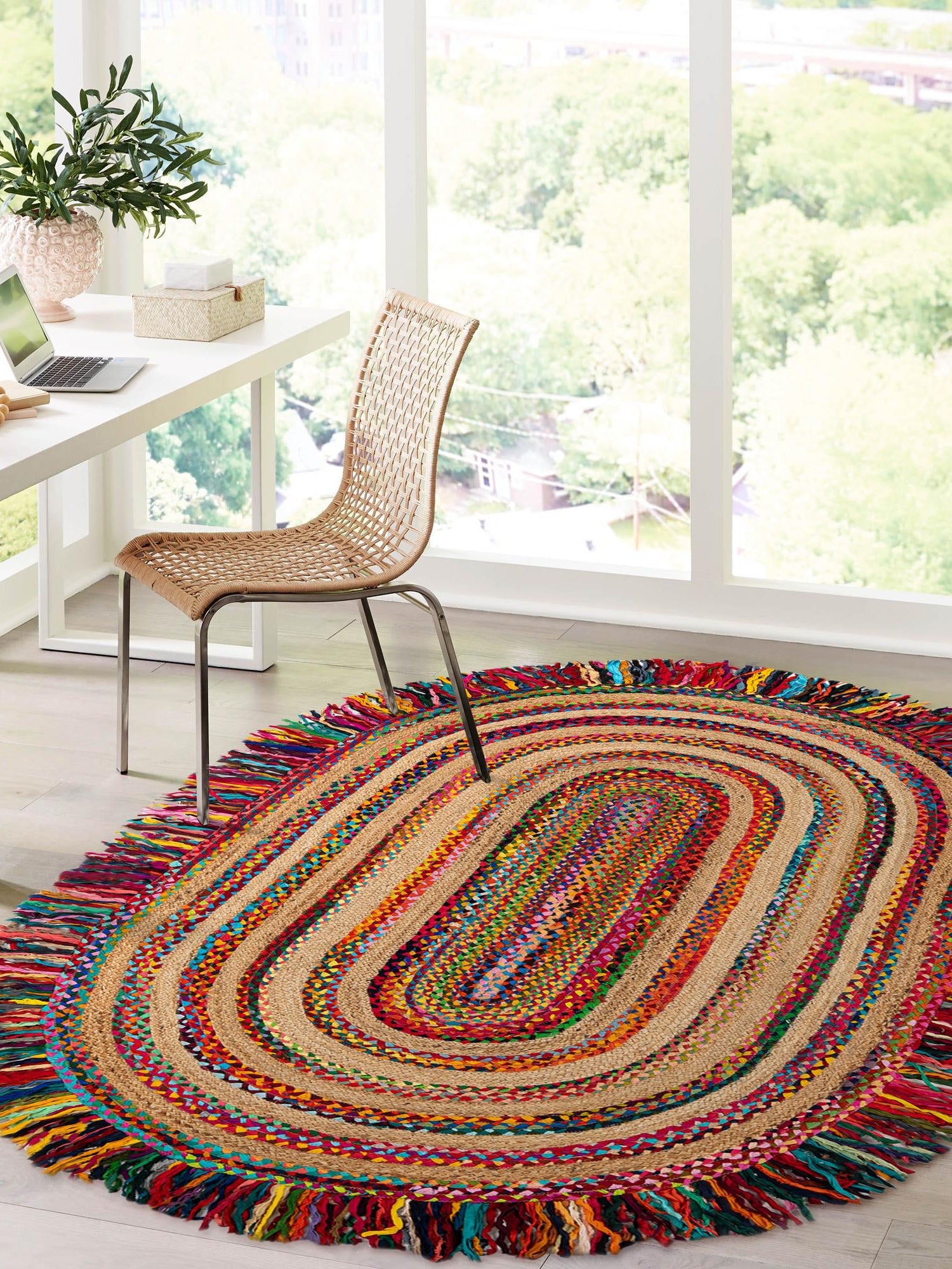 Multicolor 7' 10 x 10' Chindi Jute Oval Area Rug Interior Design Home Decor Carpet Mat for Sale at Rug Engine