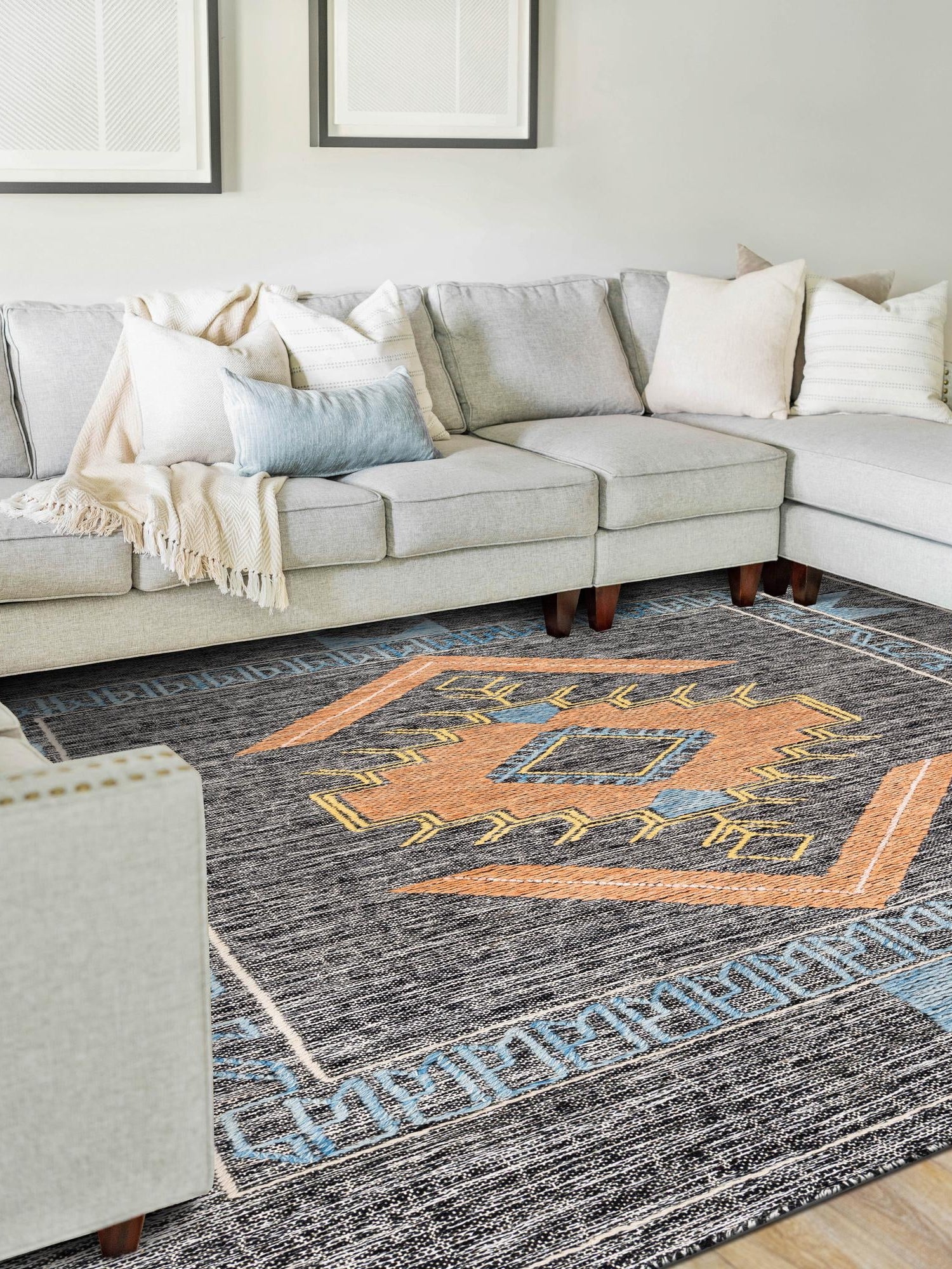 Charcoal Gray 5' 1 x 8' Kilim Wool Rectangle Area Rug Hand Woven All Natural Traditional Carpet for Unique Home Interior Design for Sale at Rug Engine
