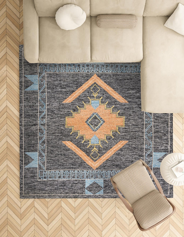 Charcoal Gray 7' 10 x 7' 10 Kilim Wool Square Area Rug Hand Woven All Natural Traditional Carpet for Unique Home Interior Design for Sale at Rug Engine