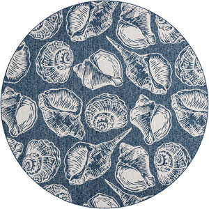 Navy Blue and Ivory 10' x 10' Outdoor Coastal Round Area Rug Weather Resistant for Patio, Deck, Terrace, Balcony, Porch 100% Polypropylene Coastal Decor Carpet for Sale at Rug Engine