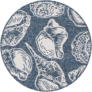Navy Blue and Ivory 3' 1 x 3' 1 Outdoor Coastal Round Area Rug Weather Resistant for Patio, Deck, Terrace, Balcony, Porch 100% Polypropylene Coastal Decor Carpet for Sale at Rug Engine