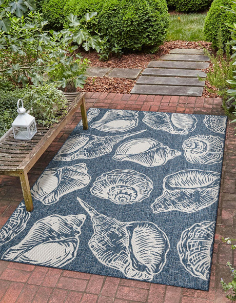 Navy Blue and Ivory 4' 1 x 6' 1 Outdoor Coastal Rectangle Rug