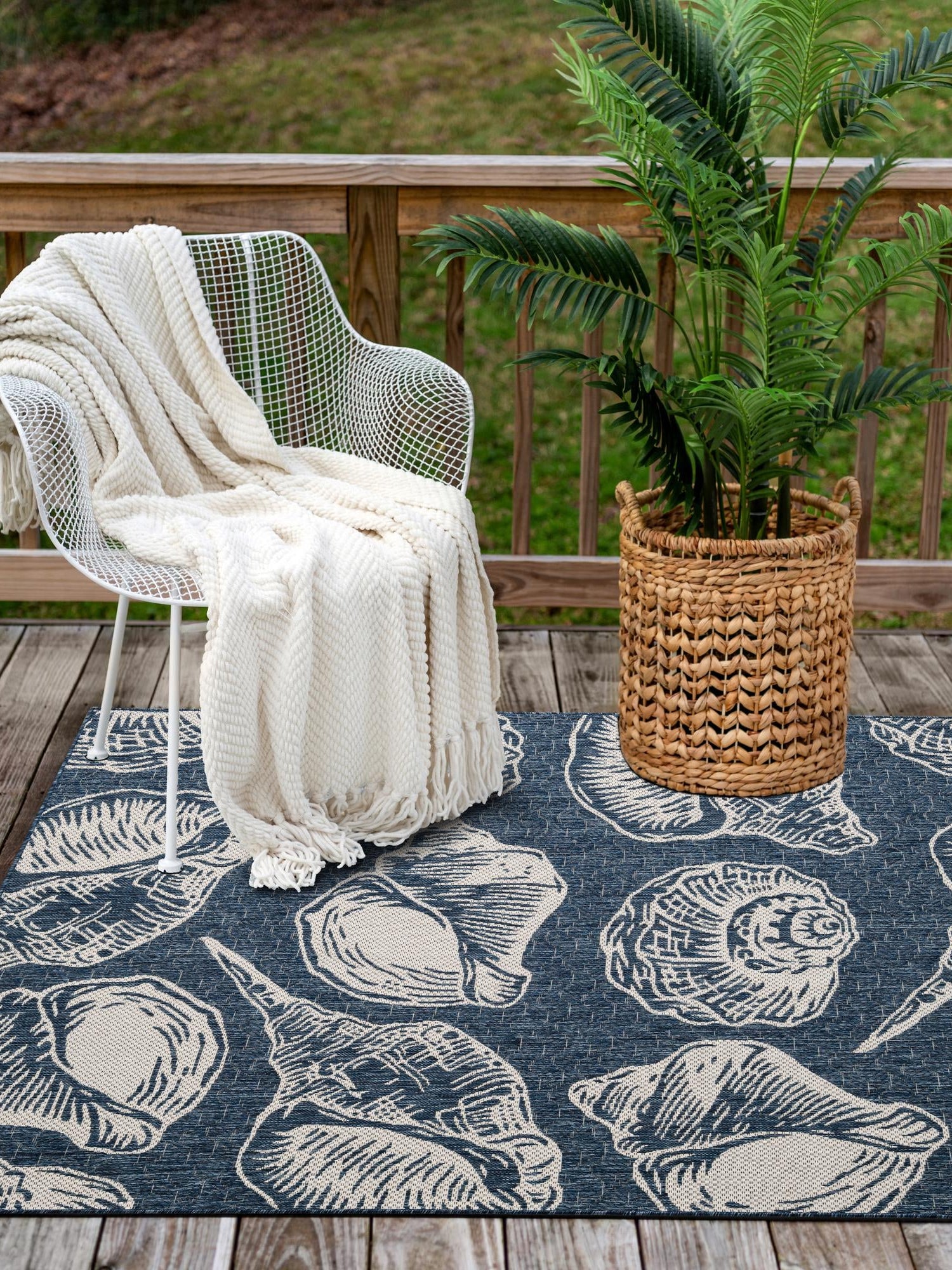 Navy Blue and Ivory 7' 10 x 10' Outdoor Coastal Rectangle Area Rug Weather Resistant for Patio, Deck, Terrace, Balcony, Porch 100% Polypropylene Coastal Decor Carpet for Sale at Rug Engine