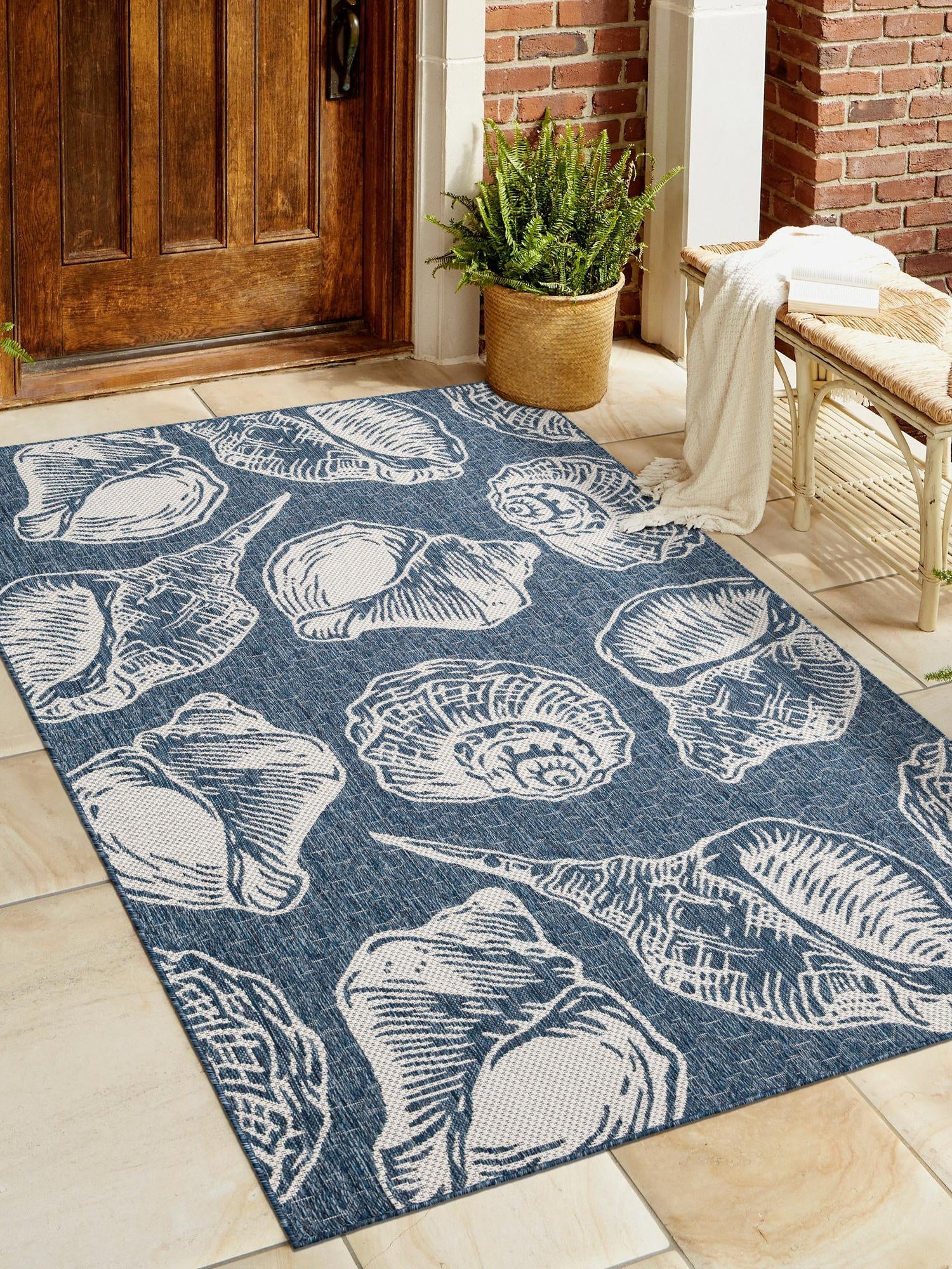 Navy Blue and Ivory 7' 10 x 10' Outdoor Coastal Rectangle Area Rug Weather Resistant for Patio, Deck, Terrace, Balcony, Porch 100% Polypropylene Coastal Decor Carpet for Sale at Rug Engine