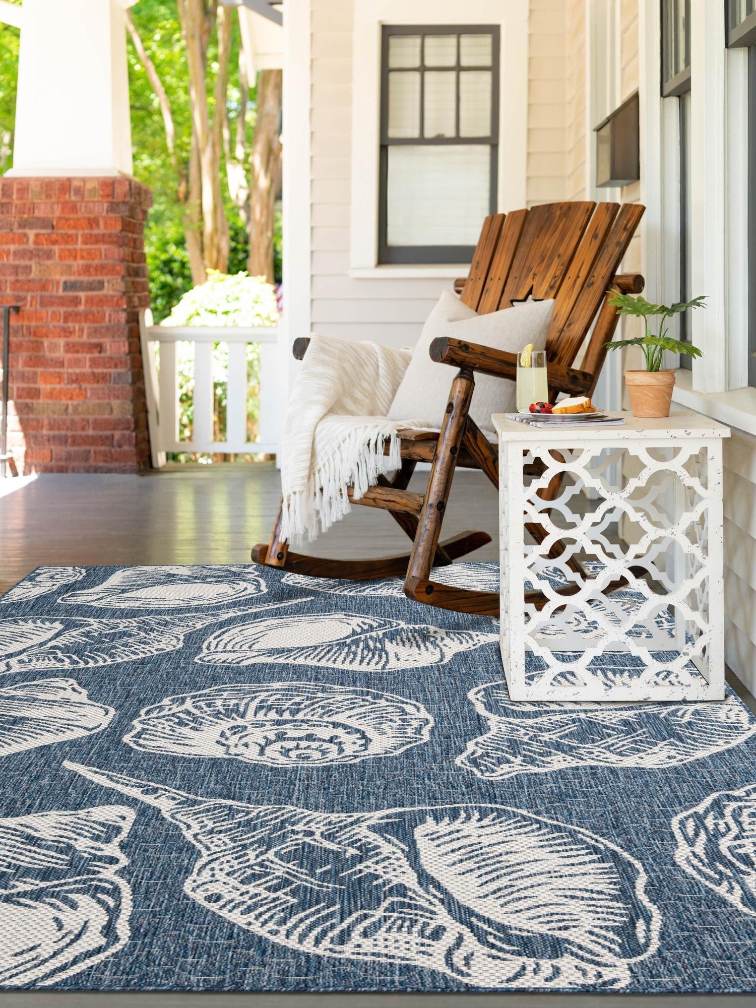 Navy Blue and Ivory 7' 10 x 10' Outdoor Coastal Rectangle Area Rug Weather Resistant for Patio, Deck, Terrace, Balcony, Porch 100% Polypropylene Coastal Decor Carpet for Sale at Rug Engine