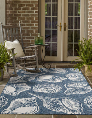 Navy Blue and Ivory 6' 1 x 9' Outdoor Coastal Rectangle Area Rug Weather Resistant for Patio, Deck, Terrace, Balcony, Porch 100% Polypropylene Coastal Decor Carpet for Sale at Rug Engine
