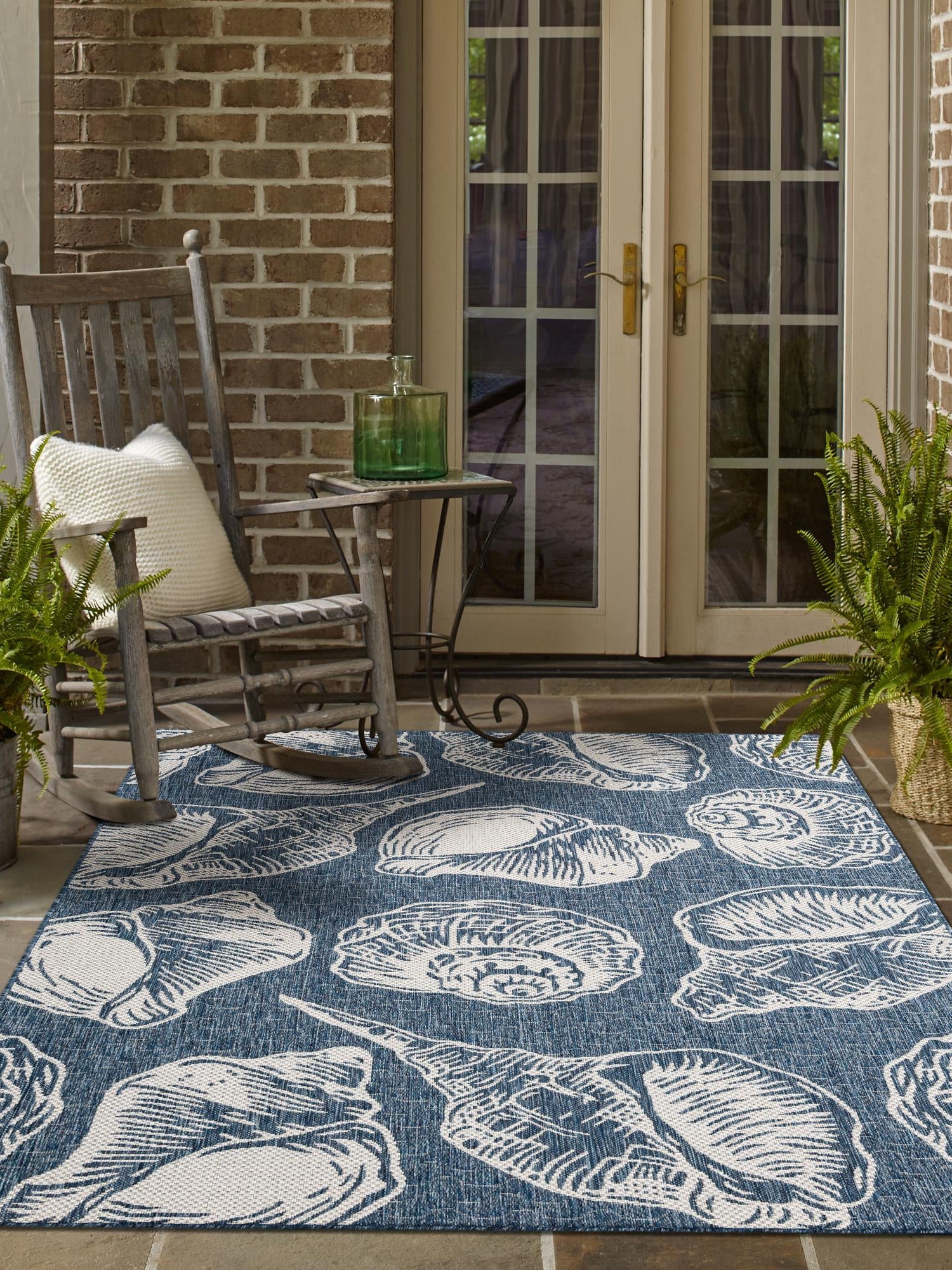 Navy Blue and Ivory 5' 3 x 8' Outdoor Coastal Rectangle Area Rug Weather Resistant for Patio, Deck, Terrace, Balcony, Porch 100% Polypropylene Coastal Decor Carpet for Sale at Rug Engine