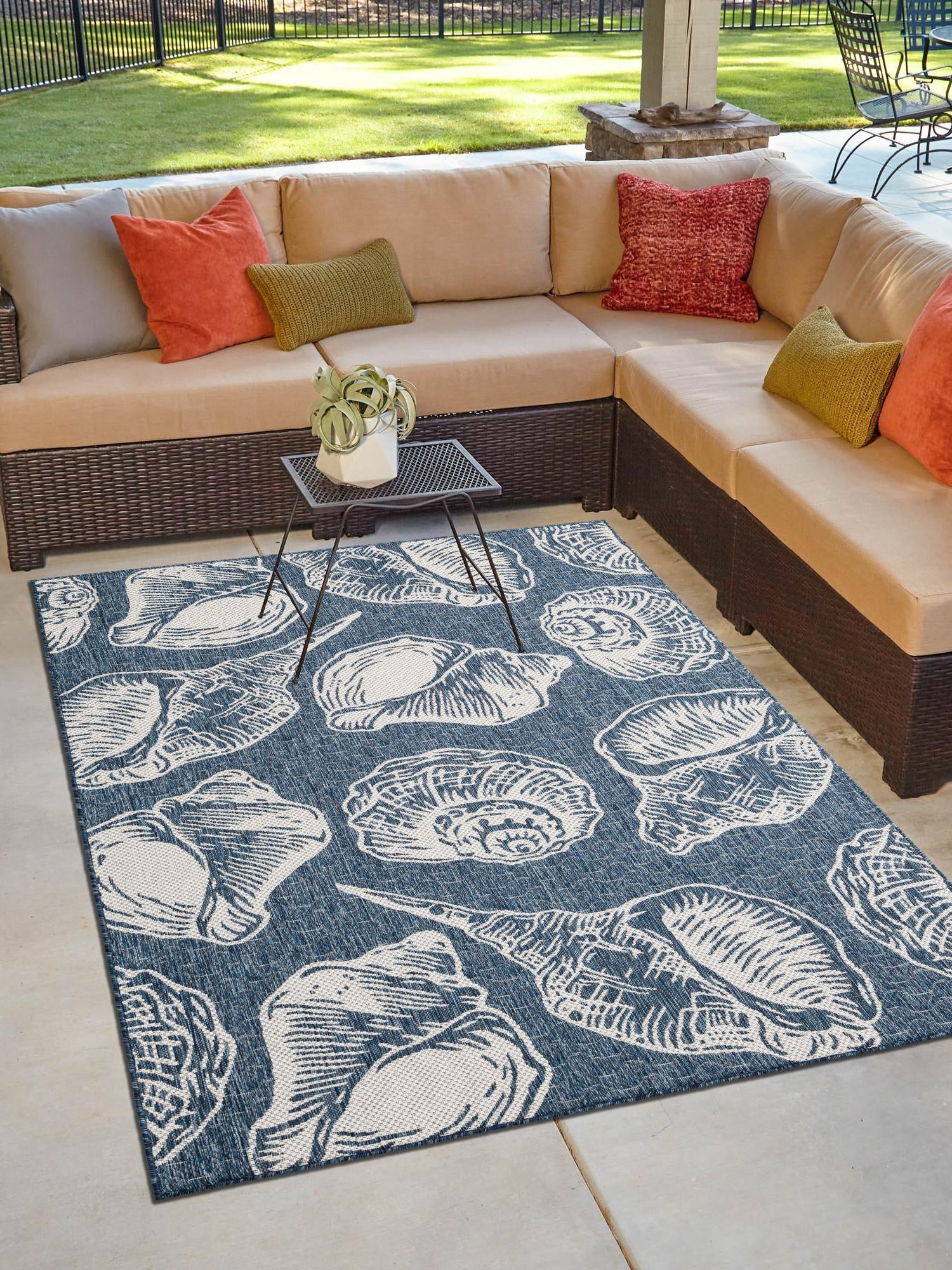 Navy Blue and Ivory 5' 3 x 8' Outdoor Coastal Rectangle Area Rug Weather Resistant for Patio, Deck, Terrace, Balcony, Porch 100% Polypropylene Coastal Decor Carpet for Sale at Rug Engine