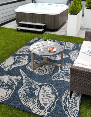 Navy Blue and Ivory 5' 3 x 7' 1 Outdoor Coastal Rectangle Area Rug Weather Resistant for Patio, Deck, Terrace, Balcony, Porch 100% Polypropylene Coastal Decor Carpet for Sale at Rug Engine