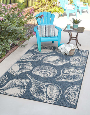 Navy Blue and Ivory 9' x 12' Outdoor Coastal Rectangle Area Rug Weather Resistant for Patio, Deck, Terrace, Balcony, Porch 100% Polypropylene Coastal Decor Carpet for Sale at Rug Engine