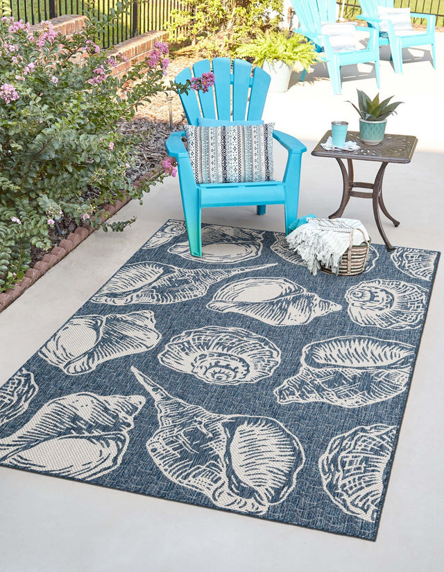 Navy Blue and Ivory 9' x 12' Outdoor Coastal Rectangle Area Rug Weather Resistant for Patio, Deck, Terrace, Balcony, Porch 100% Polypropylene Coastal Decor Carpet for Sale at Rug Engine