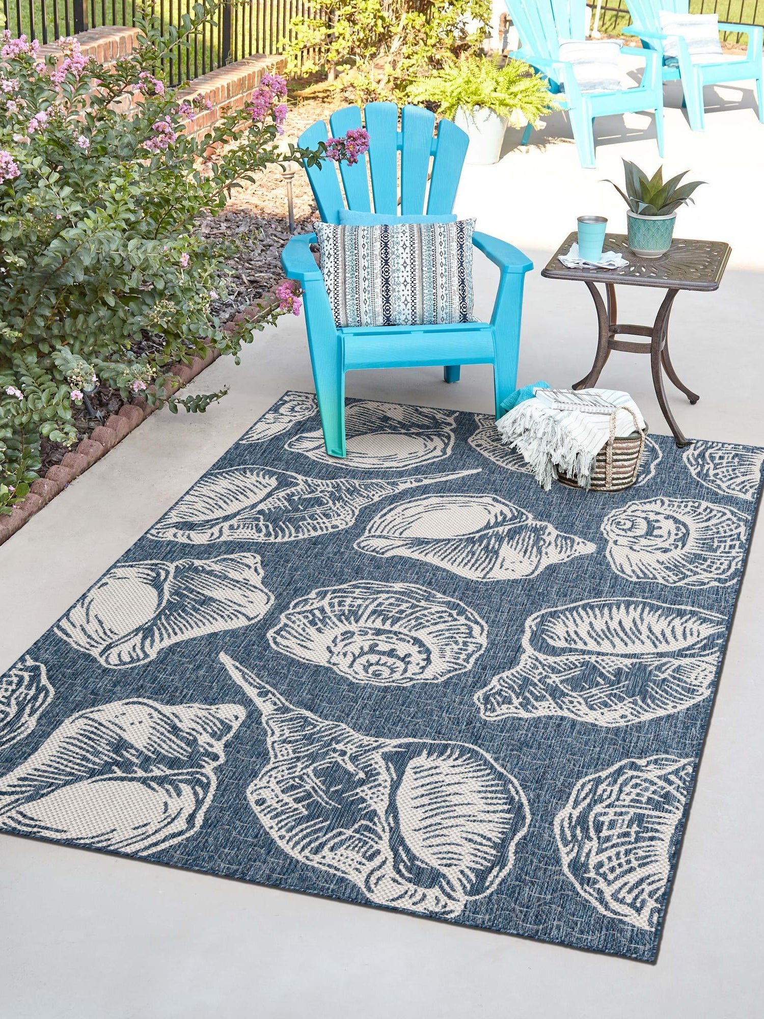 Navy Blue and Ivory 5' 3 x 8' Outdoor Coastal Rectangle Area Rug Weather Resistant for Patio, Deck, Terrace, Balcony, Porch 100% Polypropylene Coastal Decor Carpet for Sale at Rug Engine