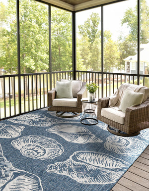 Navy Blue and Ivory 5' 3 x 7' 1 Outdoor Coastal Rectangle Area Rug Weather Resistant for Patio, Deck, Terrace, Balcony, Porch 100% Polypropylene Coastal Decor Carpet for Sale at Rug Engine