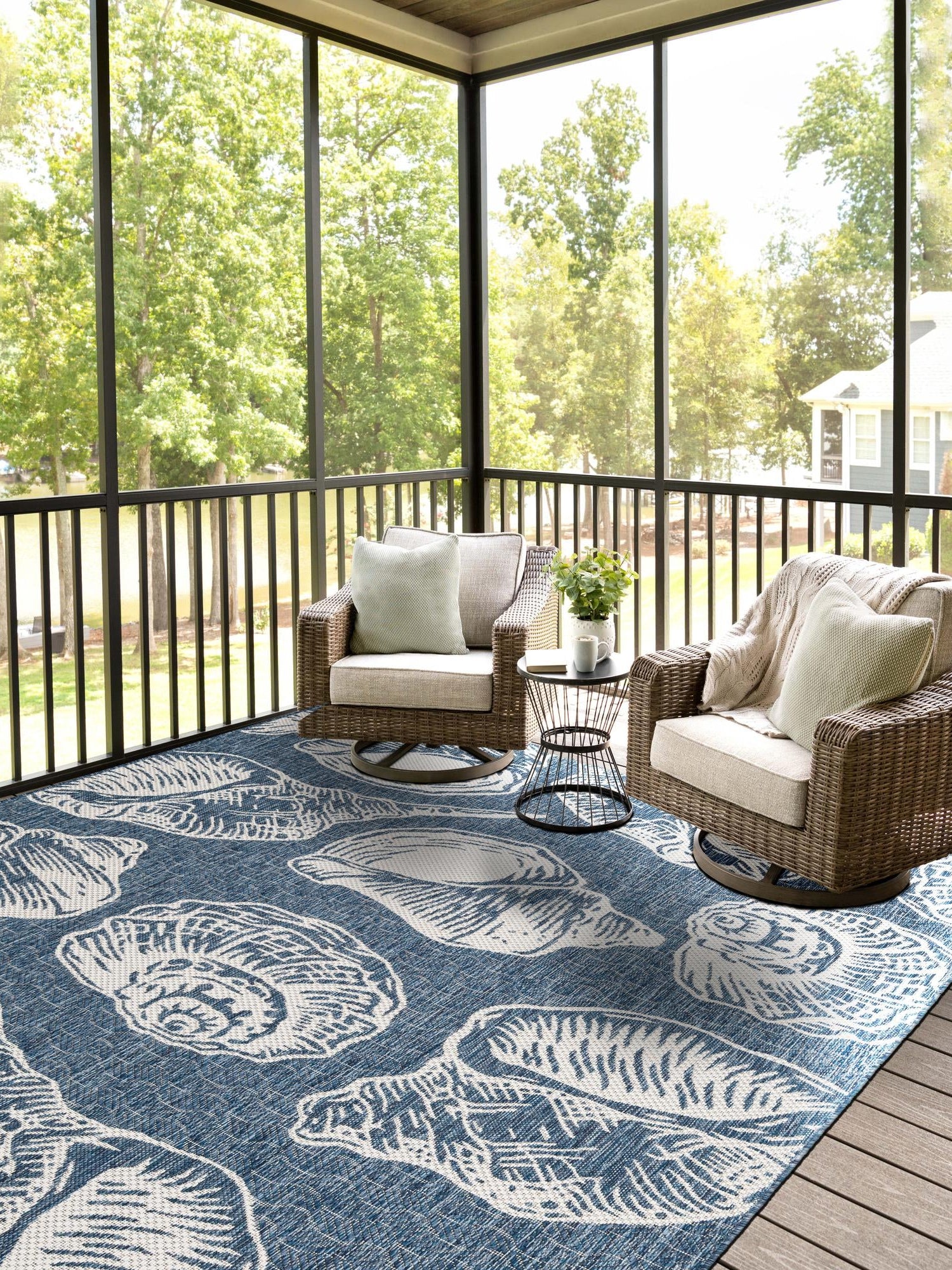 Navy Blue and Ivory 9' x 12' Outdoor Coastal Rectangle Area Rug Weather Resistant for Patio, Deck, Terrace, Balcony, Porch 100% Polypropylene Coastal Decor Carpet for Sale at Rug Engine