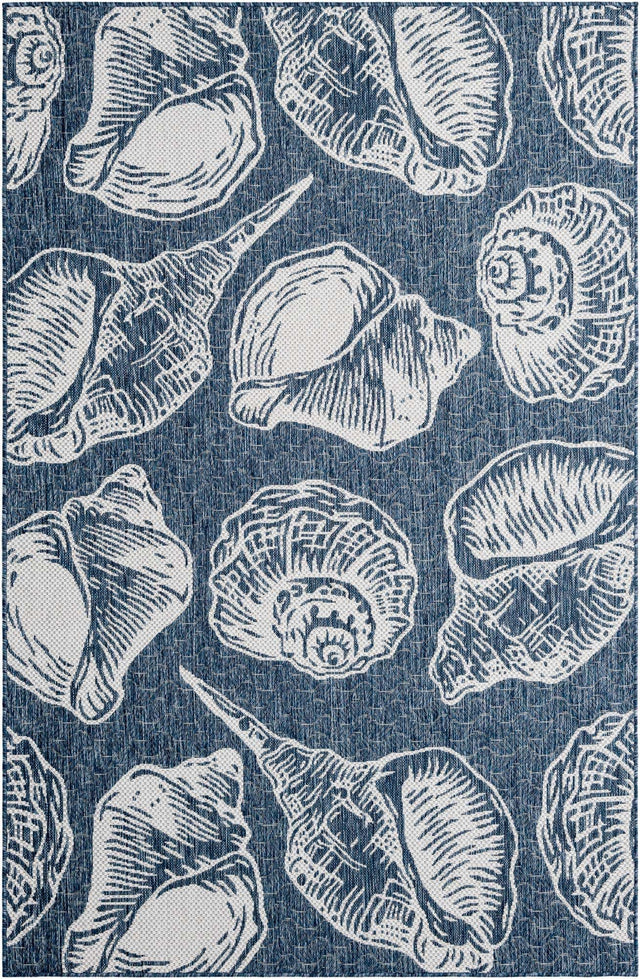 Navy Blue and Ivory 5' 3 x 8' Outdoor Coastal Rectangle Area Rug Weather Resistant for Patio, Deck, Terrace, Balcony, Porch 100% Polypropylene Coastal Decor Carpet for Sale at Rug Engine