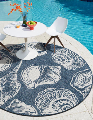 Navy Blue and Ivory 10' x 10' Outdoor Coastal Round Area Rug Weather Resistant for Patio, Deck, Terrace, Balcony, Porch 100% Polypropylene Coastal Decor Carpet for Sale at Rug Engine