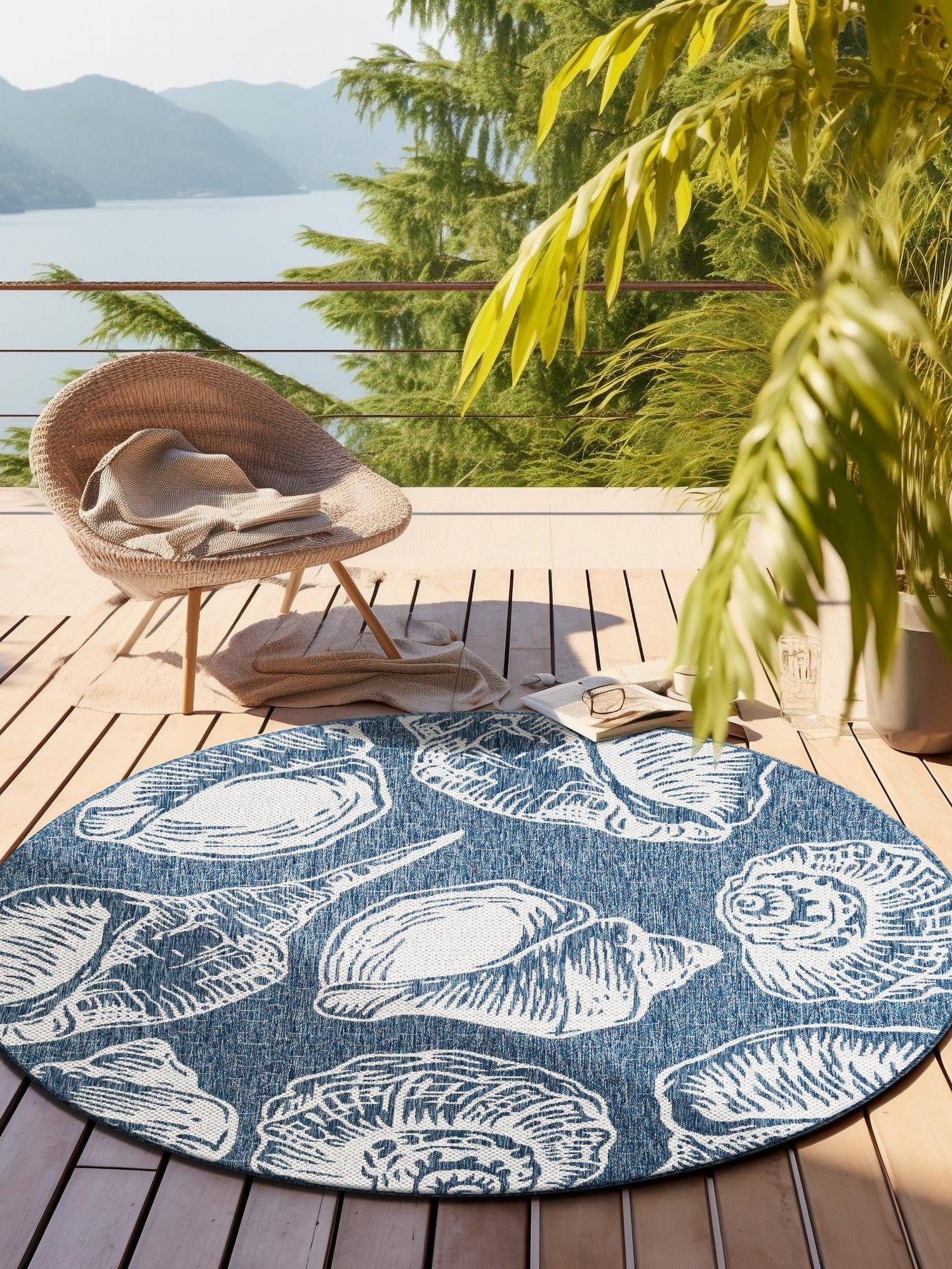 Navy Blue and Ivory 7' 10 x 7' 10 Outdoor Coastal Round Area Rug Weather Resistant for Patio, Deck, Terrace, Balcony, Porch 100% Polypropylene Coastal Decor Carpet for Sale at Rug Engine