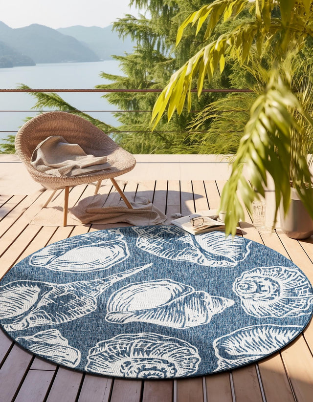 Navy Blue and Ivory 10' x 10' Outdoor Coastal Round Area Rug Weather Resistant for Patio, Deck, Terrace, Balcony, Porch 100% Polypropylene Coastal Decor Carpet for Sale at Rug Engine