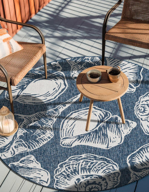 Navy Blue and Ivory 10' x 10' Outdoor Coastal Round Area Rug Weather Resistant for Patio, Deck, Terrace, Balcony, Porch 100% Polypropylene Coastal Decor Carpet for Sale at Rug Engine