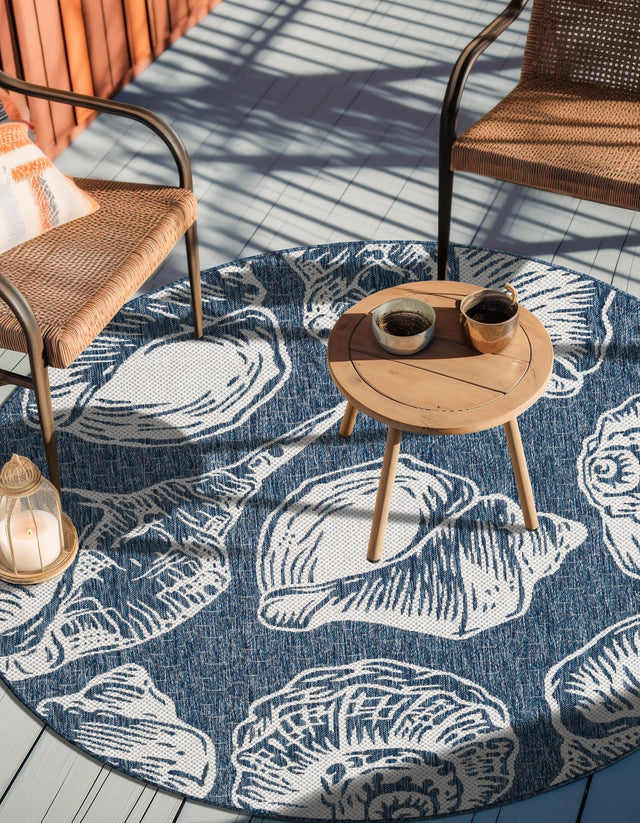 Navy Blue and Ivory 10' x 10' Outdoor Coastal Round Area Rug Weather Resistant for Patio, Deck, Terrace, Balcony, Porch 100% Polypropylene Coastal Decor Carpet for Sale at Rug Engine