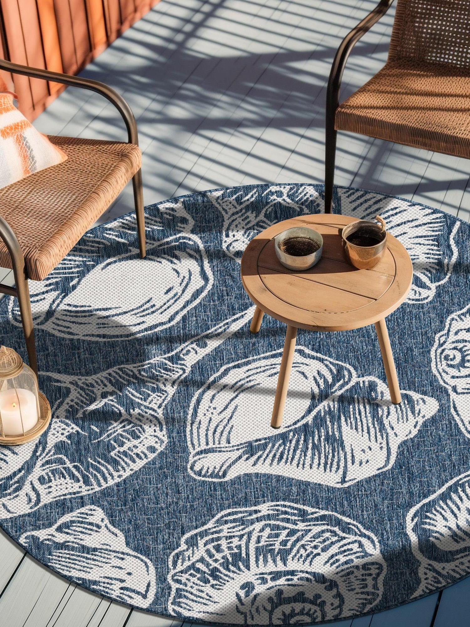 Navy Blue and Ivory 7' 10 x 7' 10 Outdoor Coastal Round Area Rug Weather Resistant for Patio, Deck, Terrace, Balcony, Porch 100% Polypropylene Coastal Decor Carpet for Sale at Rug Engine