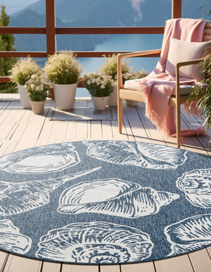 Navy Blue and Ivory 3' 1 x 3' 1 Outdoor Coastal Round Area Rug Weather Resistant for Patio, Deck, Terrace, Balcony, Porch 100% Polypropylene Coastal Decor Carpet for Sale at Rug Engine