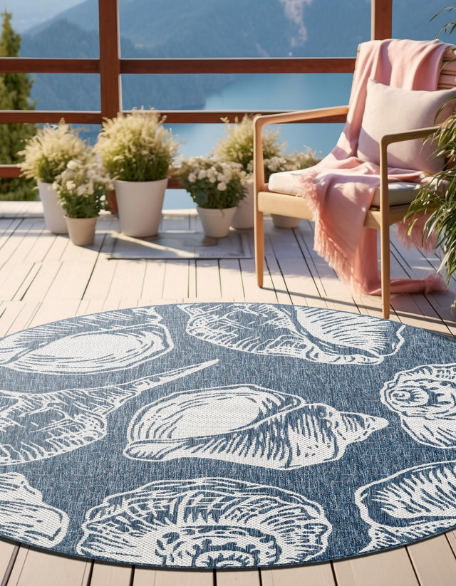 Navy Blue and Ivory 10' x 10' Outdoor Coastal Round Area Rug Weather Resistant for Patio, Deck, Terrace, Balcony, Porch 100% Polypropylene Coastal Decor Carpet for Sale at Rug Engine