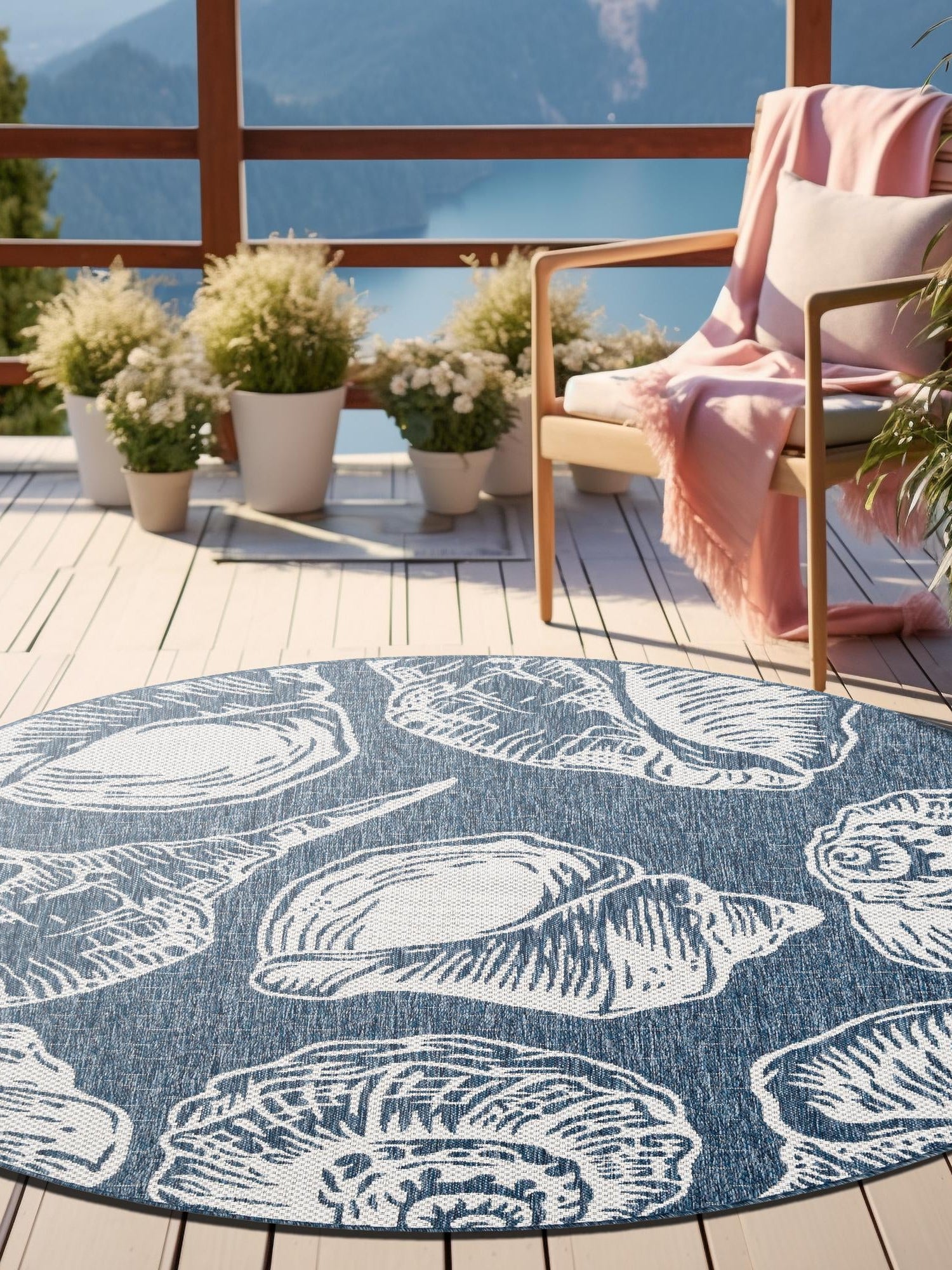 Navy Blue and Ivory 7' 10 x 7' 10 Outdoor Coastal Round Area Rug Weather Resistant for Patio, Deck, Terrace, Balcony, Porch 100% Polypropylene Coastal Decor Carpet for Sale at Rug Engine