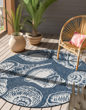 Navy Blue and Ivory 6' 1 x 6' 1 Outdoor Coastal Round Area Rug Weather Resistant for Patio, Deck, Terrace, Balcony, Porch 100% Polypropylene Coastal Decor Carpet for Sale at Rug Engine