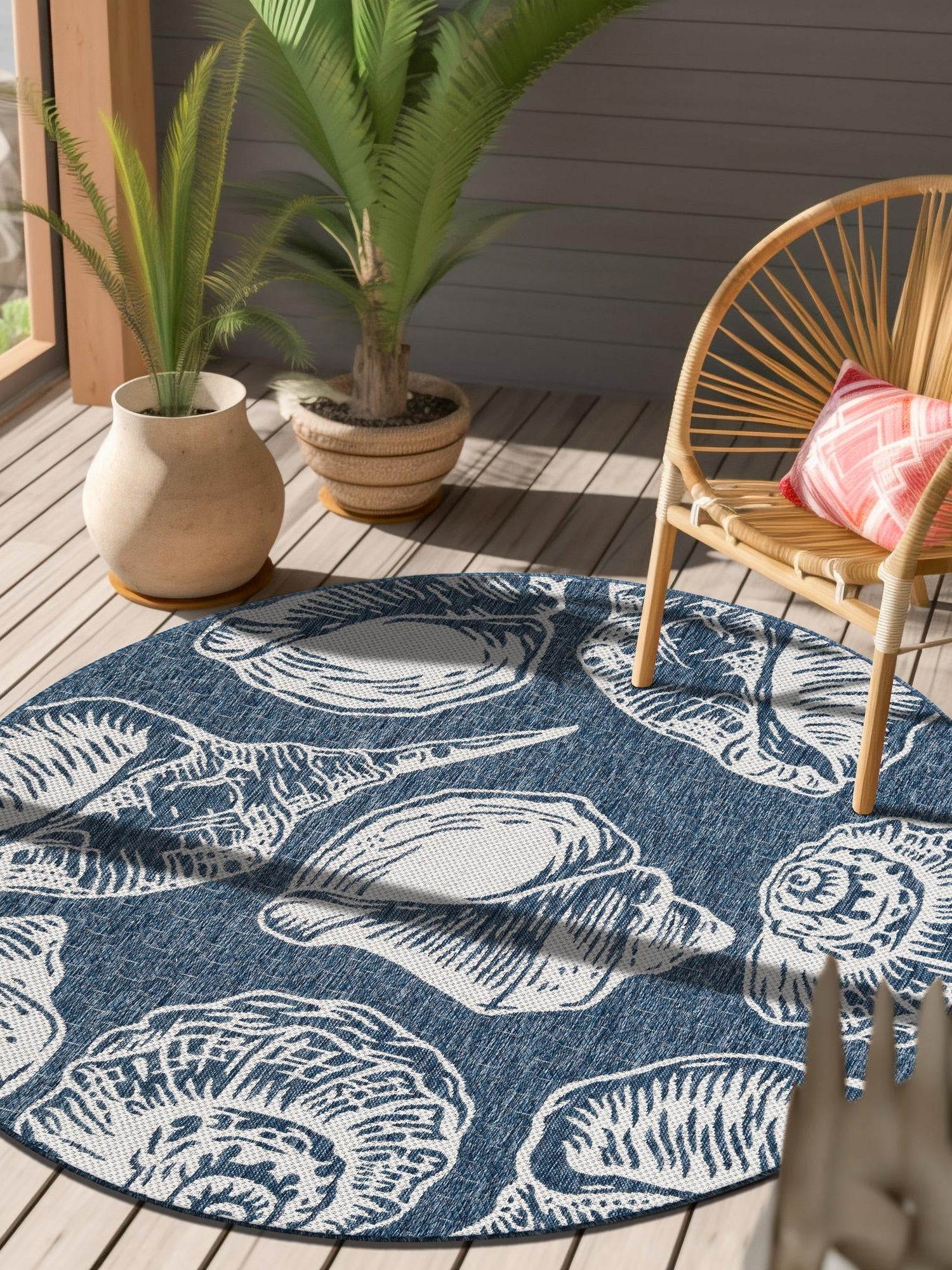 Navy Blue and Ivory 7' 10 x 7' 10 Outdoor Coastal Round Area Rug Weather Resistant for Patio, Deck, Terrace, Balcony, Porch 100% Polypropylene Coastal Decor Carpet for Sale at Rug Engine