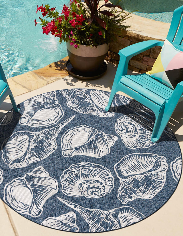 Navy Blue and Ivory 10' x 10' Outdoor Coastal Round Area Rug Weather Resistant for Patio, Deck, Terrace, Balcony, Porch 100% Polypropylene Coastal Decor Carpet for Sale at Rug Engine