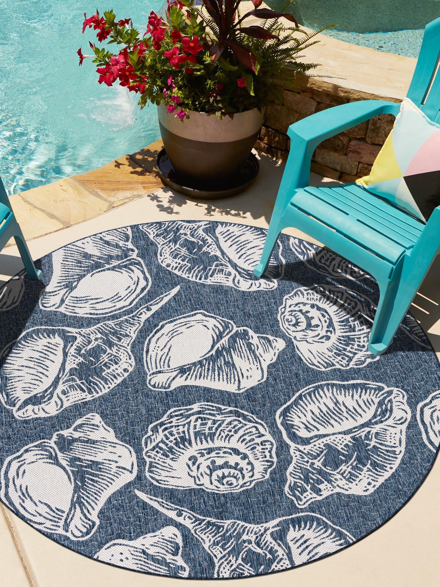 Navy Blue and Ivory 6' 1 x 6' 1 Outdoor Coastal Round Area Rug Weather Resistant for Patio, Deck, Terrace, Balcony, Porch 100% Polypropylene Coastal Decor Carpet for Sale at Rug Engine