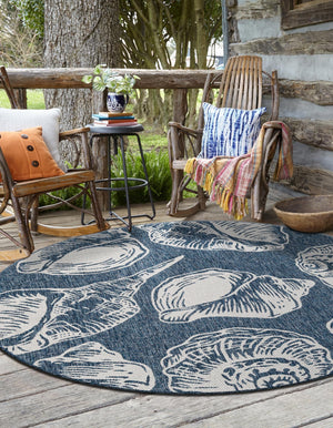 Navy Blue and Ivory 12' x 12' Outdoor Coastal Round Area Rug Weather Resistant for Patio, Deck, Terrace, Balcony, Porch 100% Polypropylene Coastal Decor Carpet for Sale at Rug Engine