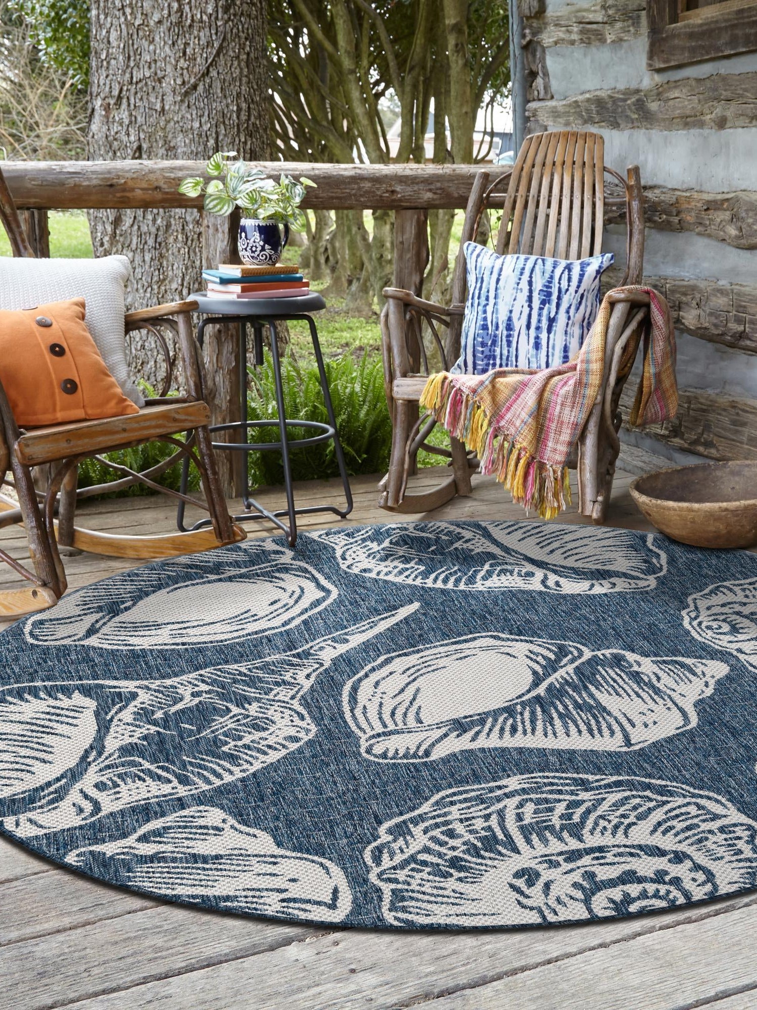 Navy Blue and Ivory 10' x 10' Outdoor Coastal Round Area Rug Weather Resistant for Patio, Deck, Terrace, Balcony, Porch 100% Polypropylene Coastal Decor Carpet for Sale at Rug Engine